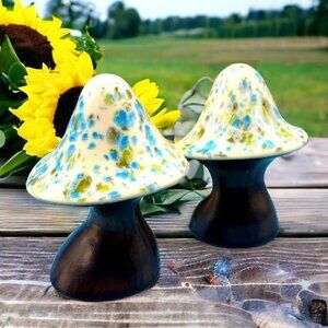 Mushroom Salt And Pepper Shakers Signed GG '72 Blue Spotted Large 4" Kitsch Blue